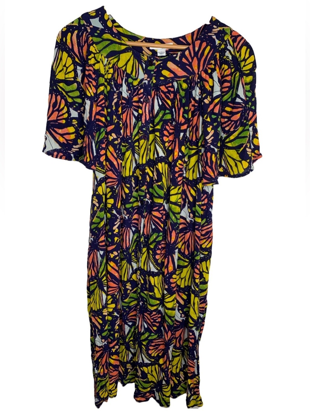 Go Softly Patio Dress Butterfly Print Button Front Size Large Pockets Leisure